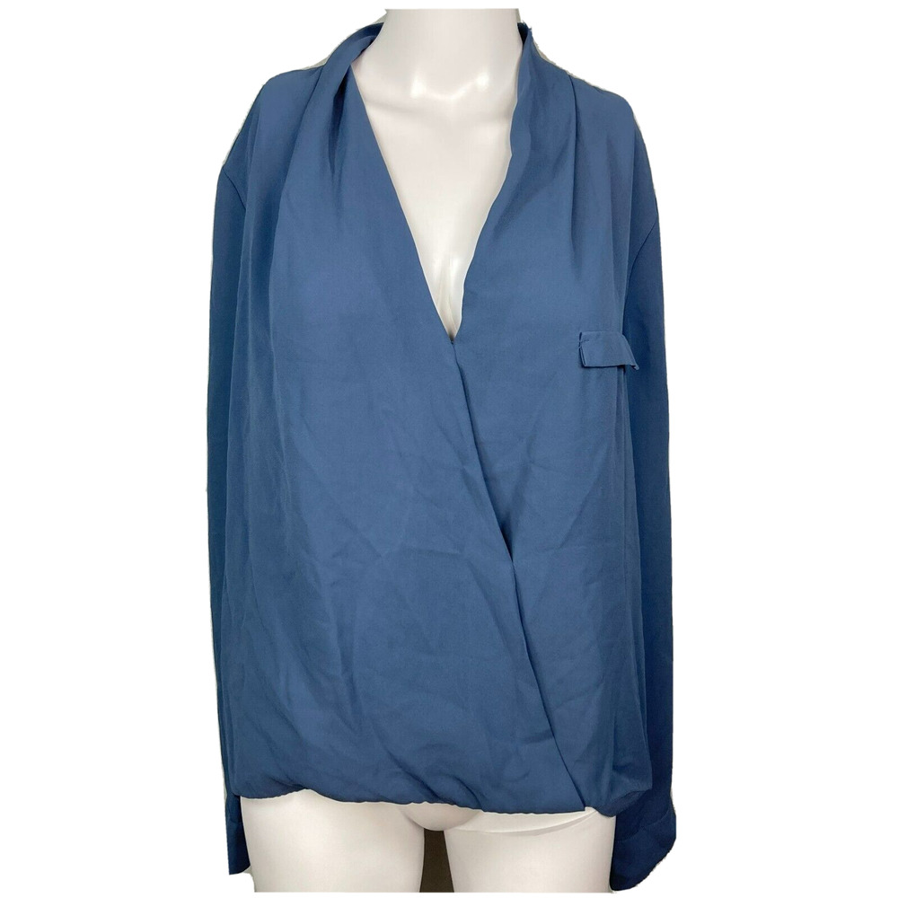 Joan Vass Shirt Womens Sz M Slate Blue Surplice V Neck Long‎ Sleeve Pullover Top